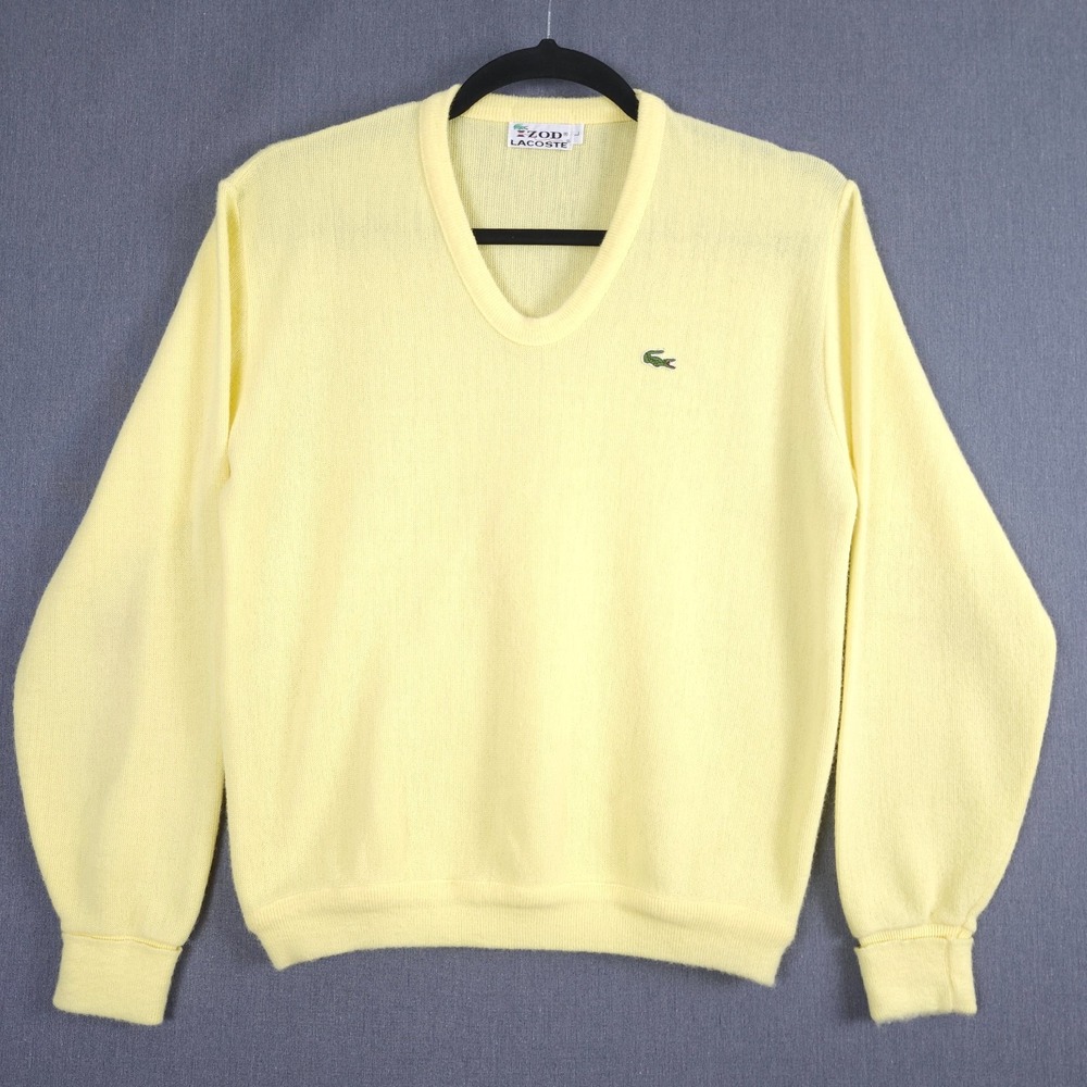 Vintage IZOD Lacoste Sweater Mens Large Yellow Knit V-Neck Pullover Jumper
